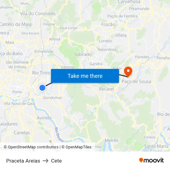 Praceta Areias to Cete map