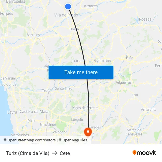 Turiz (Cima de Vila) to Cete map