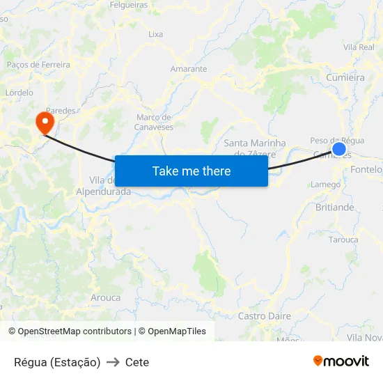 Régua (Estação) to Cete map