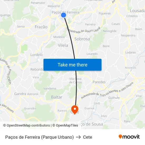 Paços de Ferreira (Parque Urbano) to Cete map