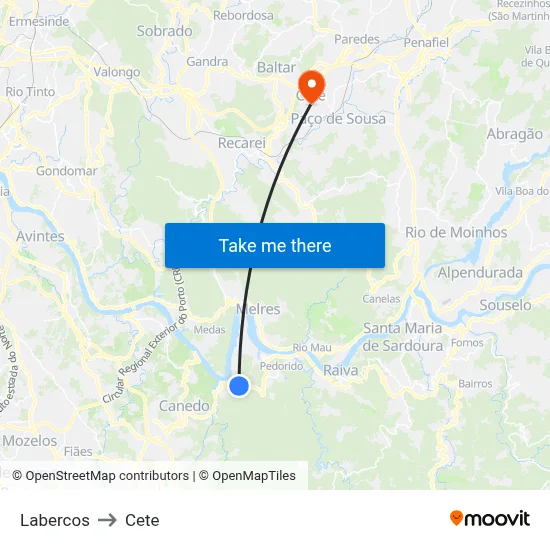 Labercos to Cete map