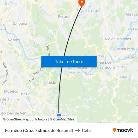 Fermêdo (Cruz. Estrada de Resumil) to Cete map