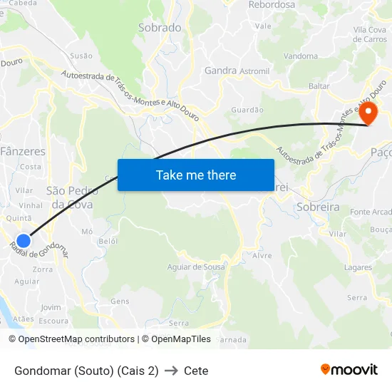Gondomar (Souto) (Cais 2) to Cete map