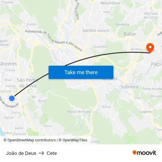 João de Deus to Cete map