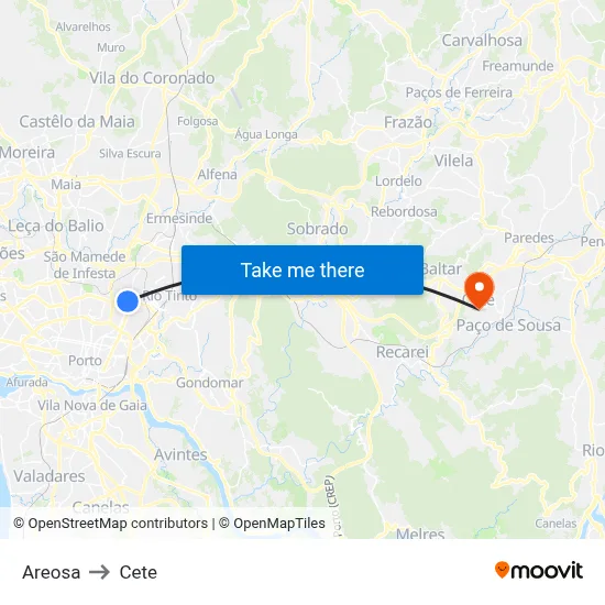Areosa to Cete map