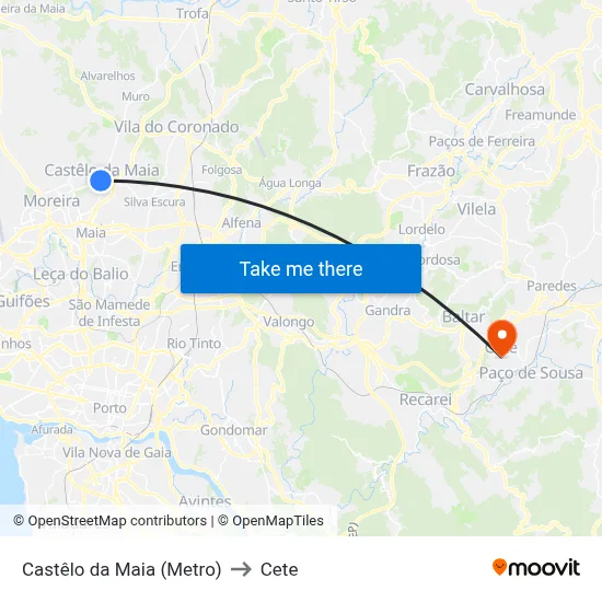Castêlo da Maia (Metro) to Cete map