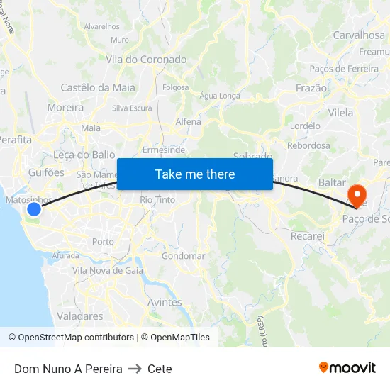 Dom Nuno A Pereira to Cete map