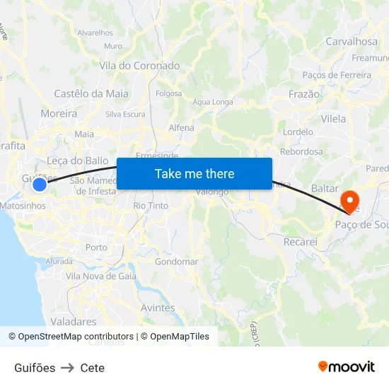 Guifões to Cete map