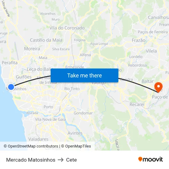 Mercado Matosinhos to Cete map
