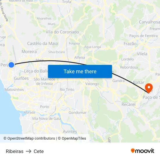 Ribeiras to Cete map