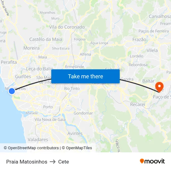 Praia Matosinhos to Cete map