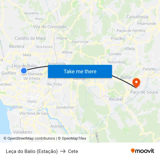 Leça do Balio (Estação) to Cete map