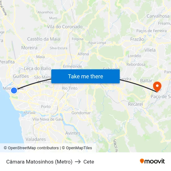 Câmara Matosinhos (Metro) to Cete map