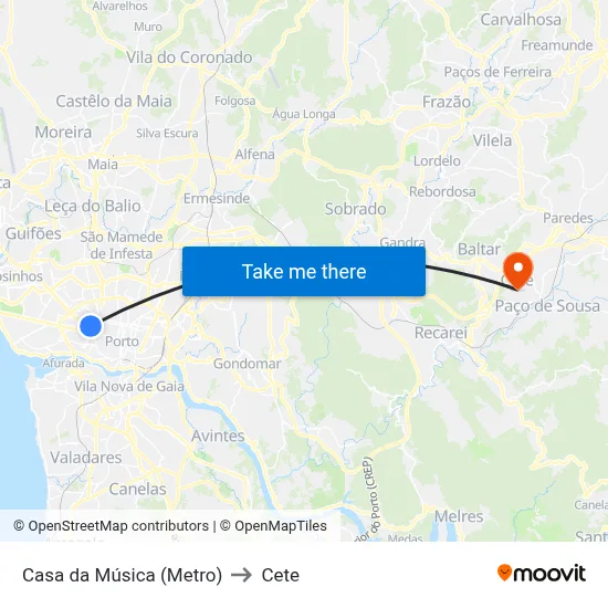 Casa da Música (Metro) to Cete map