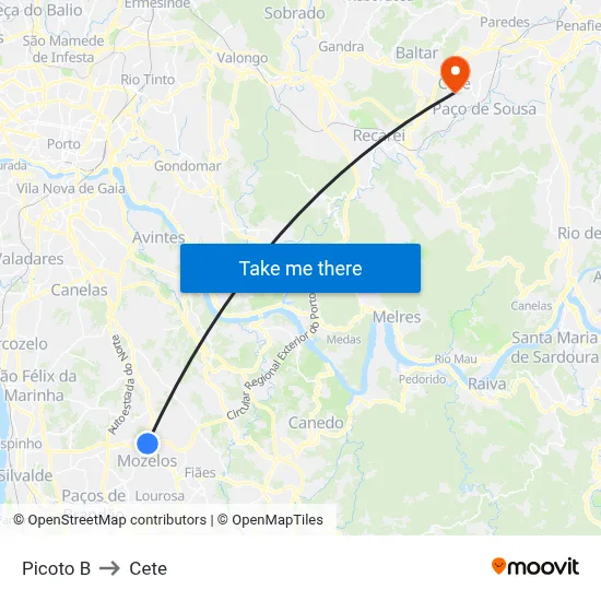 Picoto B to Cete map