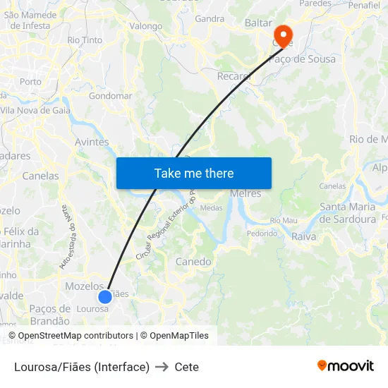 Lourosa/Fiães (Interface) to Cete map