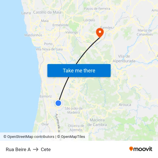 Rua Beire A to Cete map