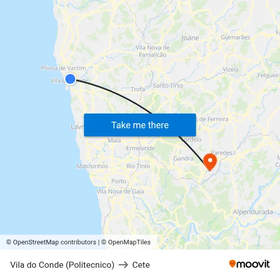 Vila do Conde (Politecnico) to Cete map