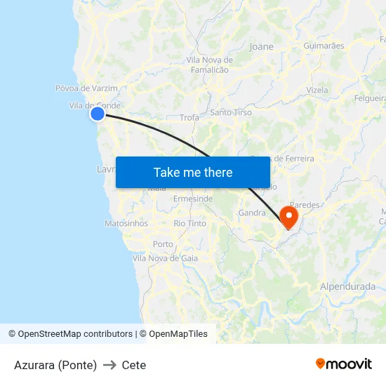 Azurara (Ponte) to Cete map