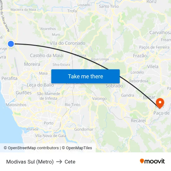 Modivas Sul (Metro) to Cete map