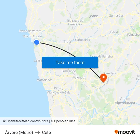 Árvore (Metro) to Cete map