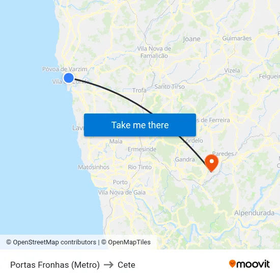 Portas Fronhas (Metro) to Cete map