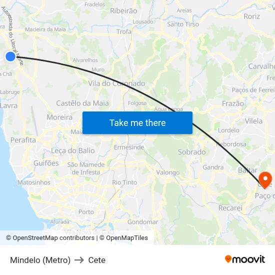 Mindelo (Metro) to Cete map