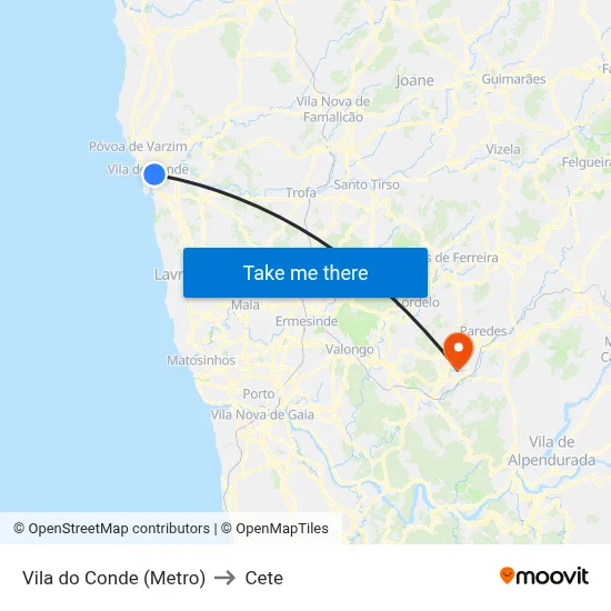 Vila do Conde (Metro) to Cete map