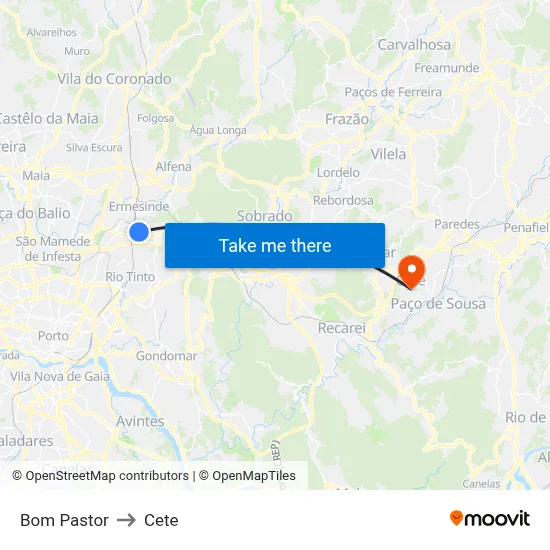 Bom Pastor to Cete map