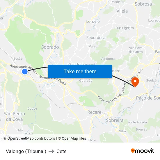 Valongo (Tribunal) to Cete map