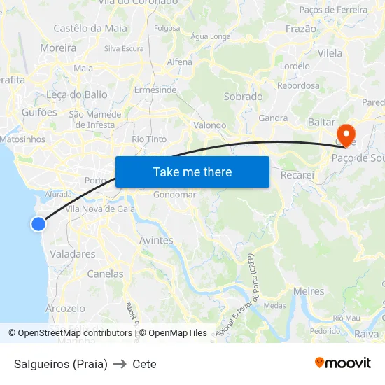 Salgueiros (Praia) to Cete map