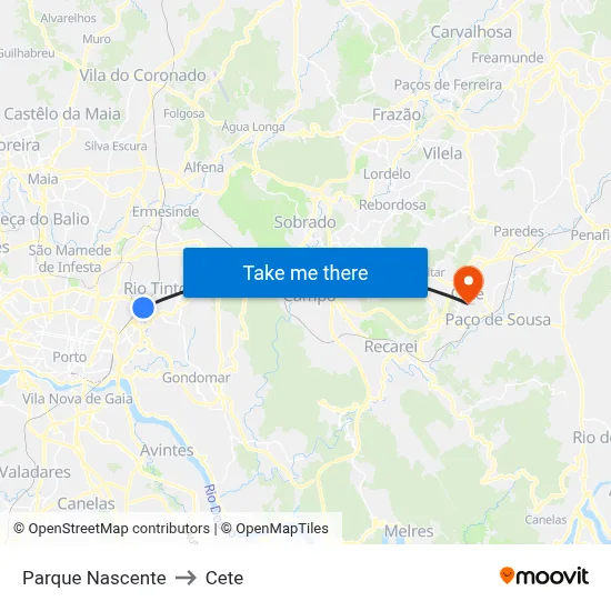 Parque Nascente to Cete map