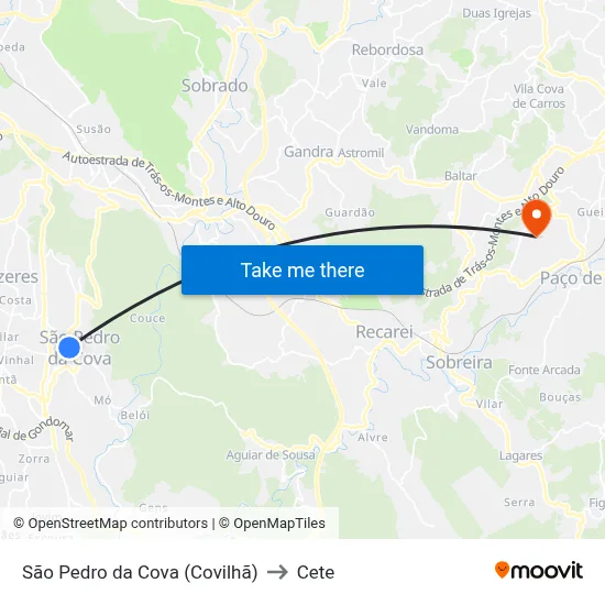 São Pedro da Cova (Covilhã) to Cete map