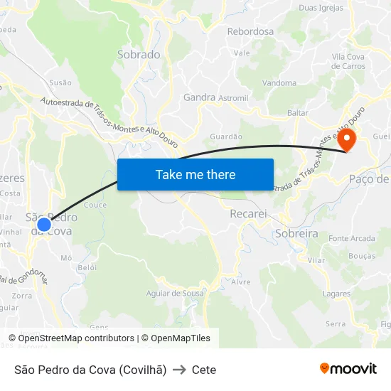 São Pedro da Cova (Covilhã) to Cete map