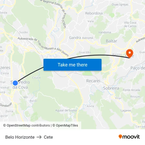 Belo Horizonte to Cete map