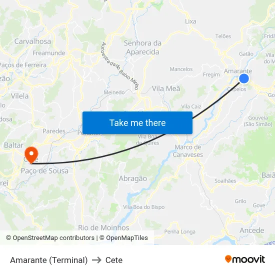 Amarante (Terminal) to Cete map