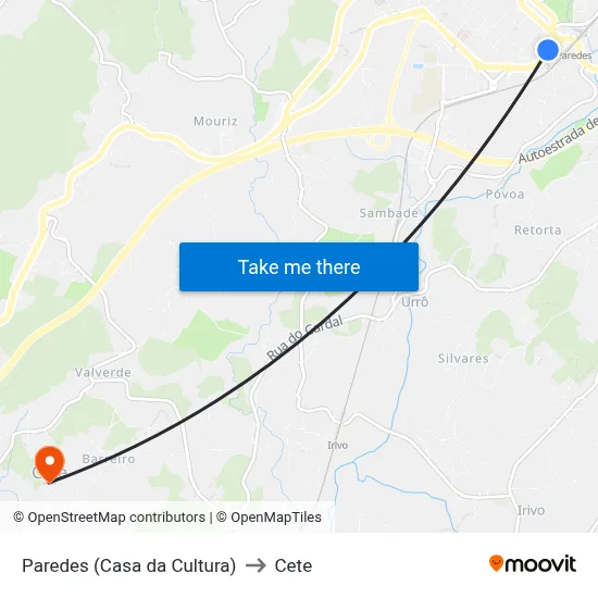 Paredes (Casa da Cultura) to Cete map