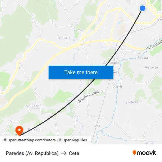 Paredes (Av. República) to Cete map