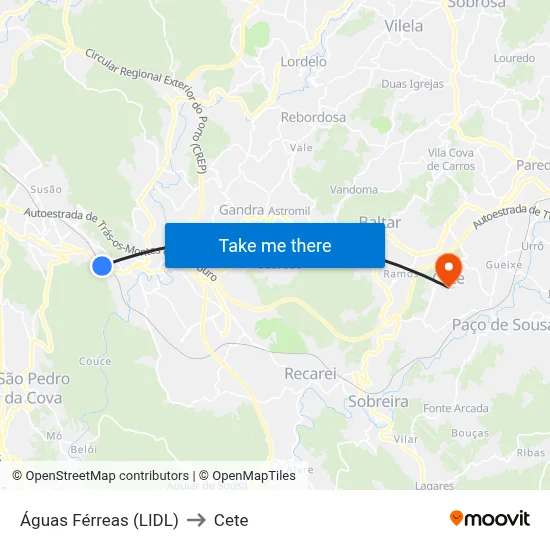 Águas Férreas (LIDL) to Cete map