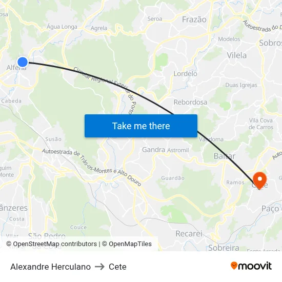Alexandre Herculano to Cete map
