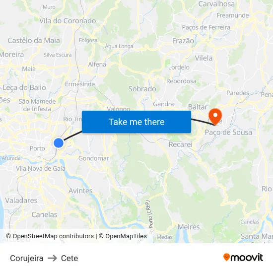 Corujeira to Cete map