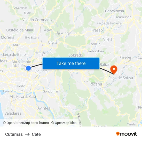 Cutamas to Cete map