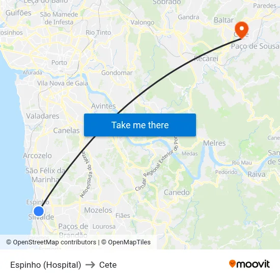 Espinho (Hospital) to Cete map