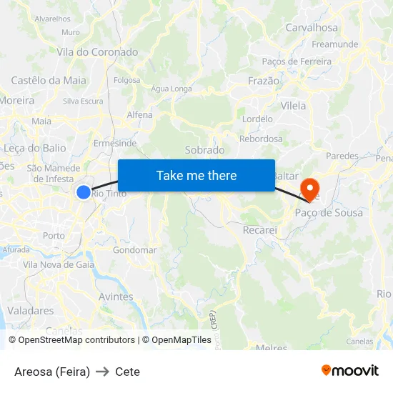 Areosa (Feira) to Cete map