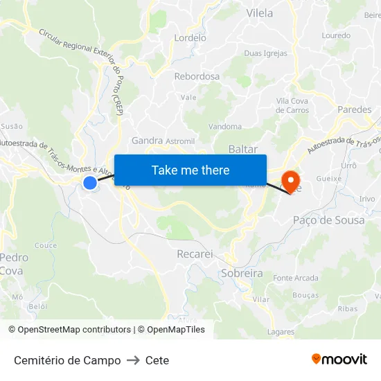 Cemitério de Campo to Cete map