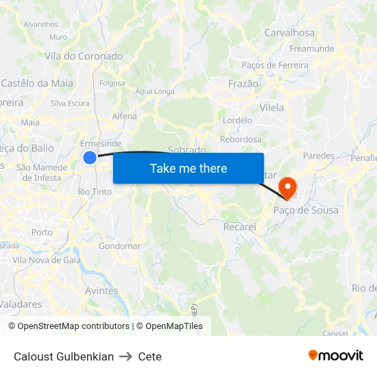 Caloust Gulbenkian to Cete map