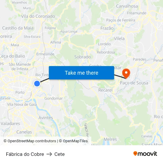 Fábrica do Cobre to Cete map
