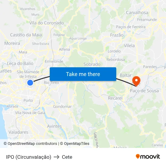IPO (Circunvalação) to Cete map