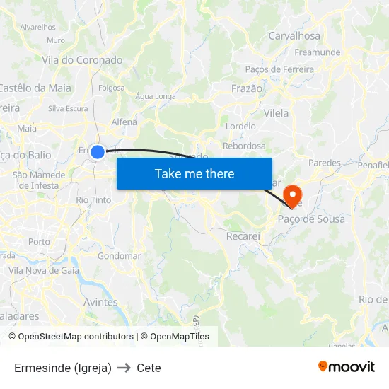 Ermesinde (Igreja) to Cete map