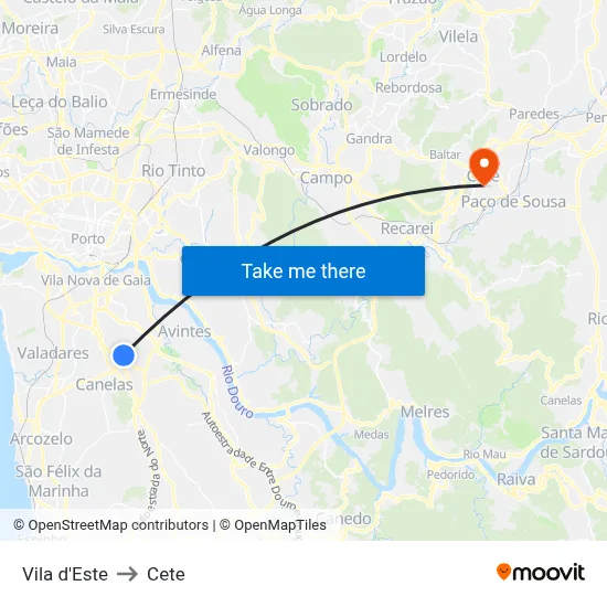 Vila d'Este to Cete map